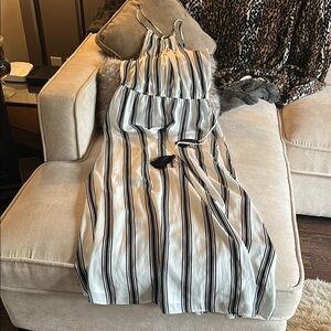 LOFT Black and White Striped Maxi Dress w/black fringe tassels